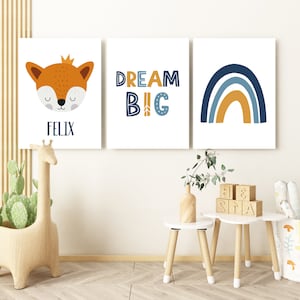 Set di poster con animali della foresta con nome, decorazione per la cameretta dei bambini, regalo per ragazza, nascita/battesimo, immagini per la cameretta dei bambini, volpe arcobaleno personalizzata