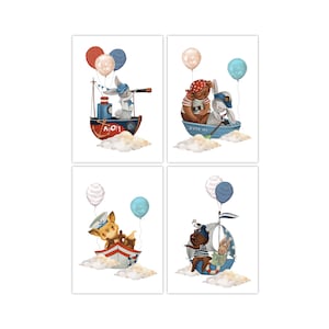 Cuadros de habitación infantil de ballena panda para niños y niñas globos azules juego de póster marítimo con animales oso conejo zorro gaviota decoración DIN A4