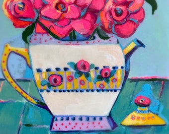 Original 6x6” gouache encaustic Whimsical Teapot and flower Painting on cradled panel shabby chic wall decor.