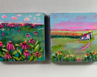 Original Mini Gouache Paintings Set of 2, Pink Coneflowers Farm Landscape, Small Cottagecore Wall Art, 3x3 Americana