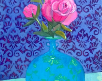 8x10 Original painting gouache watercolor Rose flowers wall art. 3/4” deep cradled panel - unique wax textured wall art