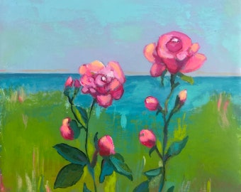 Original painting 6x6 gouache watercolor encaustic wild rose wall art overlook of a seascape. Whimsical flower artwork.