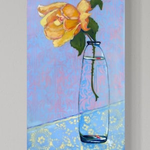 Original painting. 6x12 inch Yellow rose wall art. Gouache watercolors painting, handmade unique home decor