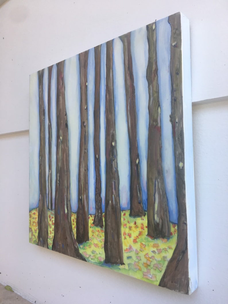 10 inch by 10 inch. Blue tree trunks Abstract original encaustic painting