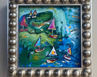 Original painting framed Abstract Sailboats seascape painting. Gouache watercolor encaustic painting inch in 6x6 inch frame antique silver