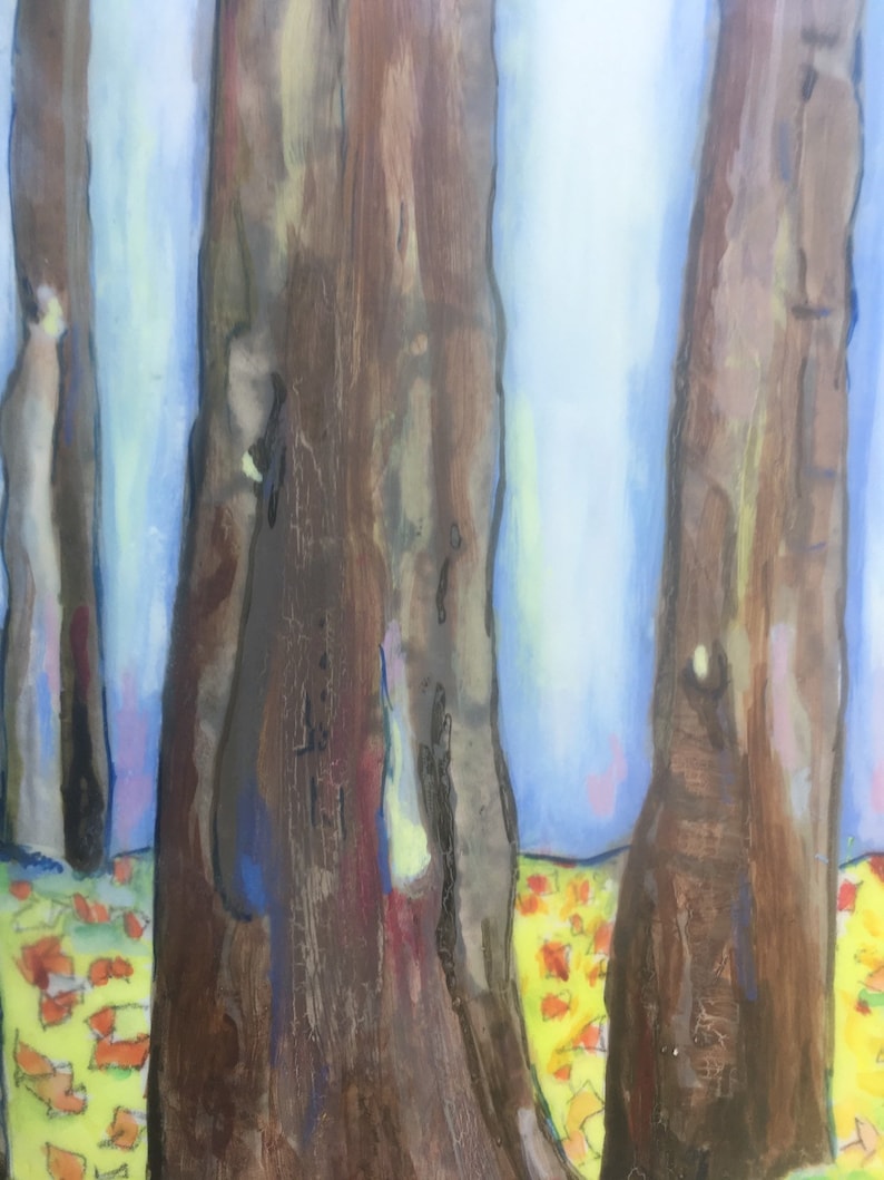 10 inch by 10 inch. Blue tree trunks Abstract original encaustic painting