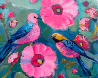 Original painting 6x6 inch bird wall art. Boho Garden songbird and zinnia watercolor gouache with encaustic wax finish.