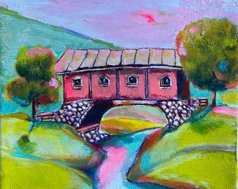 Original acrylic painting- landscape river bridge wall art. 6x6” 1.5 gallery wrapped canvas. Little house bridge wall art.