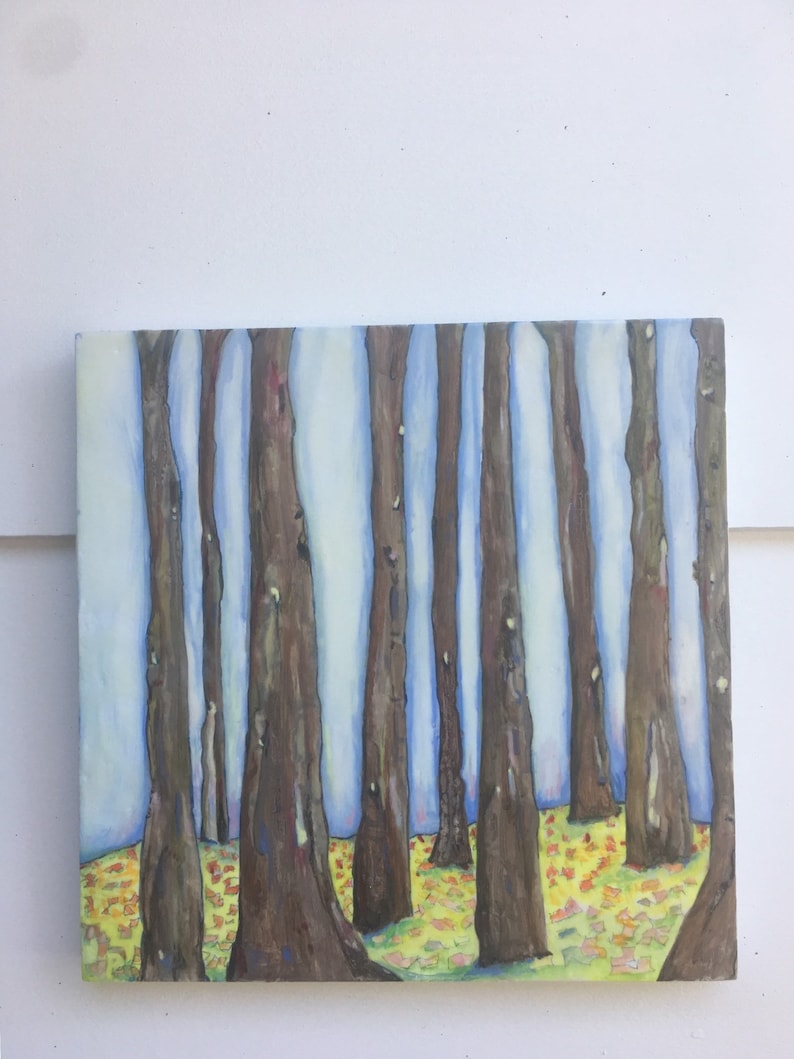 10 inch by 10 inch. Blue tree trunks Abstract original encaustic painting