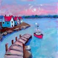 Seascape nautical paintings Bathroom wall art, corner shelf decor small 4x4" original painting