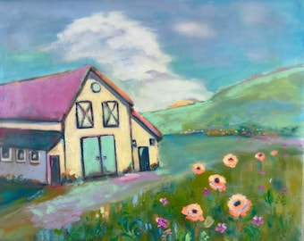 Wildflower Barn – Original Encaustic Gouache Painting 8x10 | Cottage Landscape Art on Cradled Panel | Pastel Farmhouse Decor, Meadow Art