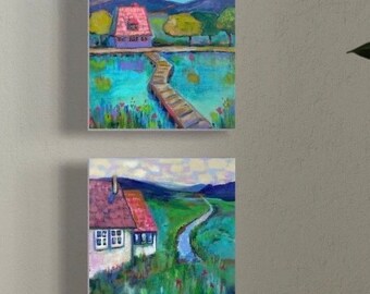 Whimsical Mountain Lake Cottages Set of 2 Original Paintings - 6x6 Gouache Watercolors, Encaustic Finish landscapes