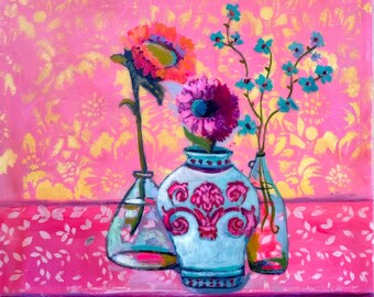 Floral Still Life Painting — Romantic Kitchen 8x8” Floral Wall Art, Original Painting