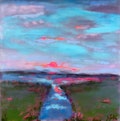 Peaceful Sunset Landscape wetland creek 6x6\u201d Original gouache encaustic beeswax painting on wood panel ready to hang