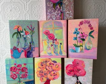 Original Floral Paintings 5x7 | “Flirty” Collection | Gouache Encaustic Art | Colorful Still Life Flowers | Small Wall Art Ready to Gift