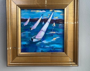 Watercolor gouache encaustic 5x5" original on panel in 7.37" gold frame.seascape coastal sailboat art  Nautical gift for him