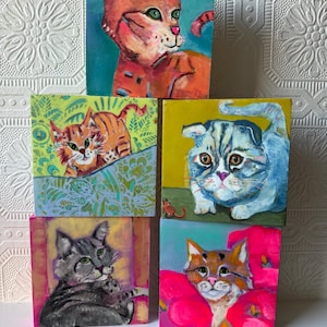 Original Cat Gouache Painting: Whimsical Encaustic Boho Wall Art