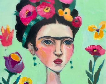 Original painting Frida Kahlo wall art.  Portrait art. Encaustic art. 5x5” painting. whimsical girl art. Flower girl art.