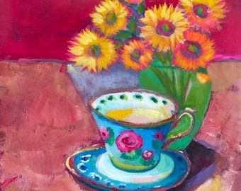 Original painting 4x4 gouache watercolor retro rose aynsley tea cup and flower pot wall art,   unique handmade home gift