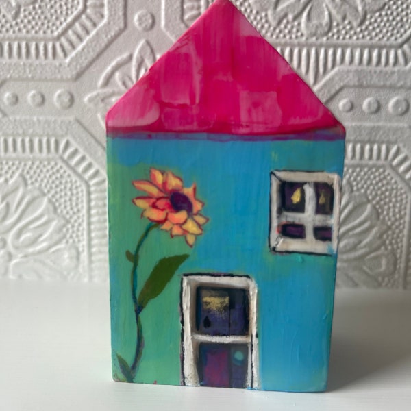 Original painting on little reclaimed wood cut into a house. whimsical art gouache watercolor painted houses.