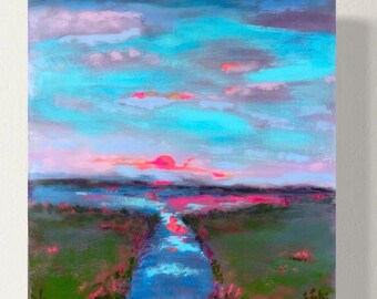 Peaceful Sunset Wetland Creek–6x6 Coastal Matsh decor Office Home decor Original Painting –