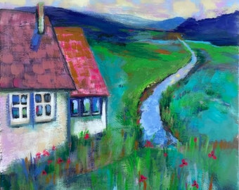 Original painting 6x6” gouache watercolor wall art. Whimsical prairie little house artwork landscape pastoral.