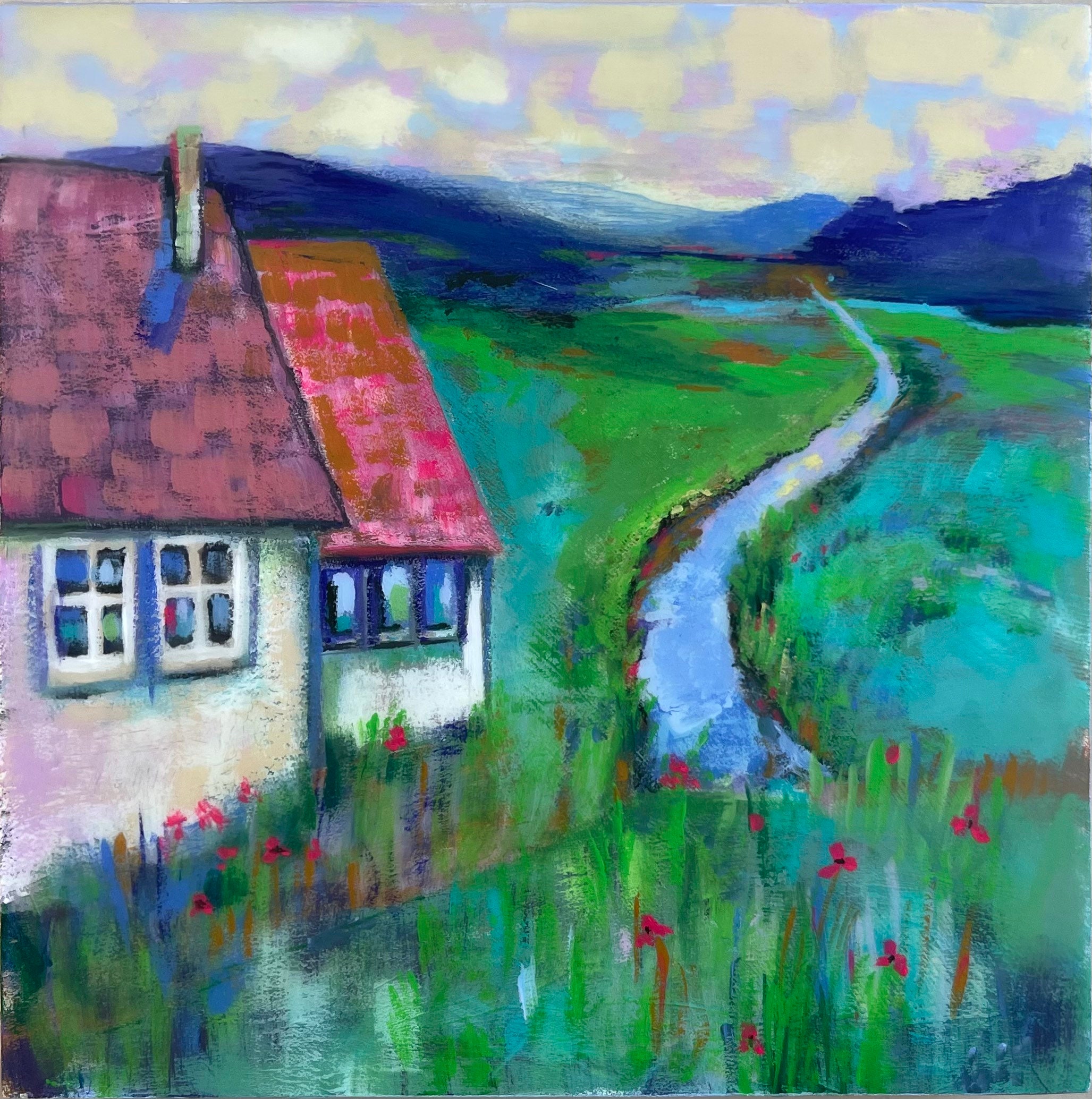 Original painting 6x6” gouache watercolor wall art. Whimsical prairie little house artwork landscape pastoral.