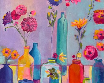 Original acrylic painting. 16x20” 1.5 gallery wrapped canvas. Vintage bottles with whimsy flowers