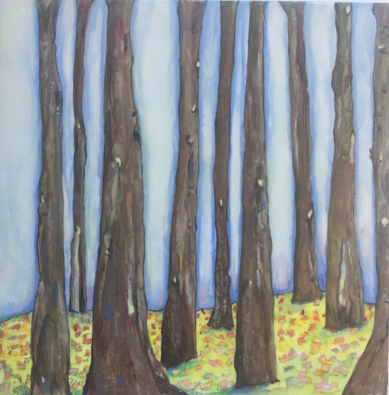 10 inch by 10 inch. Blue tree trunks Abstract original encaustic painting