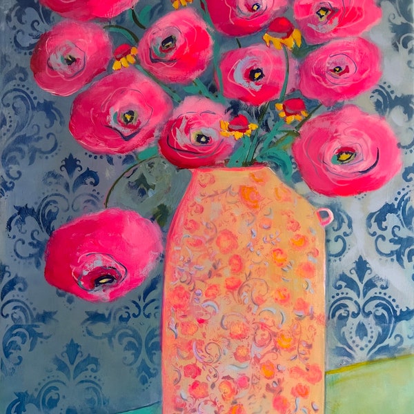 12x16 inch Original gouache watercolor paintings with encaustic wall art. flower rosebuds. Self love art. Statement art.
