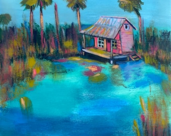 Original painting 6x6” Cottage Boat House  - Gouache, Watercolor, Encaustic -  handmade gifts for her