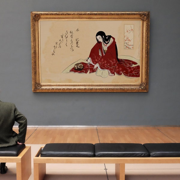 Japanese art, Japanese geisha painting, Geisha Poster print, Geisha with cat cutting kimono, Digital Download Printable Downloadable art