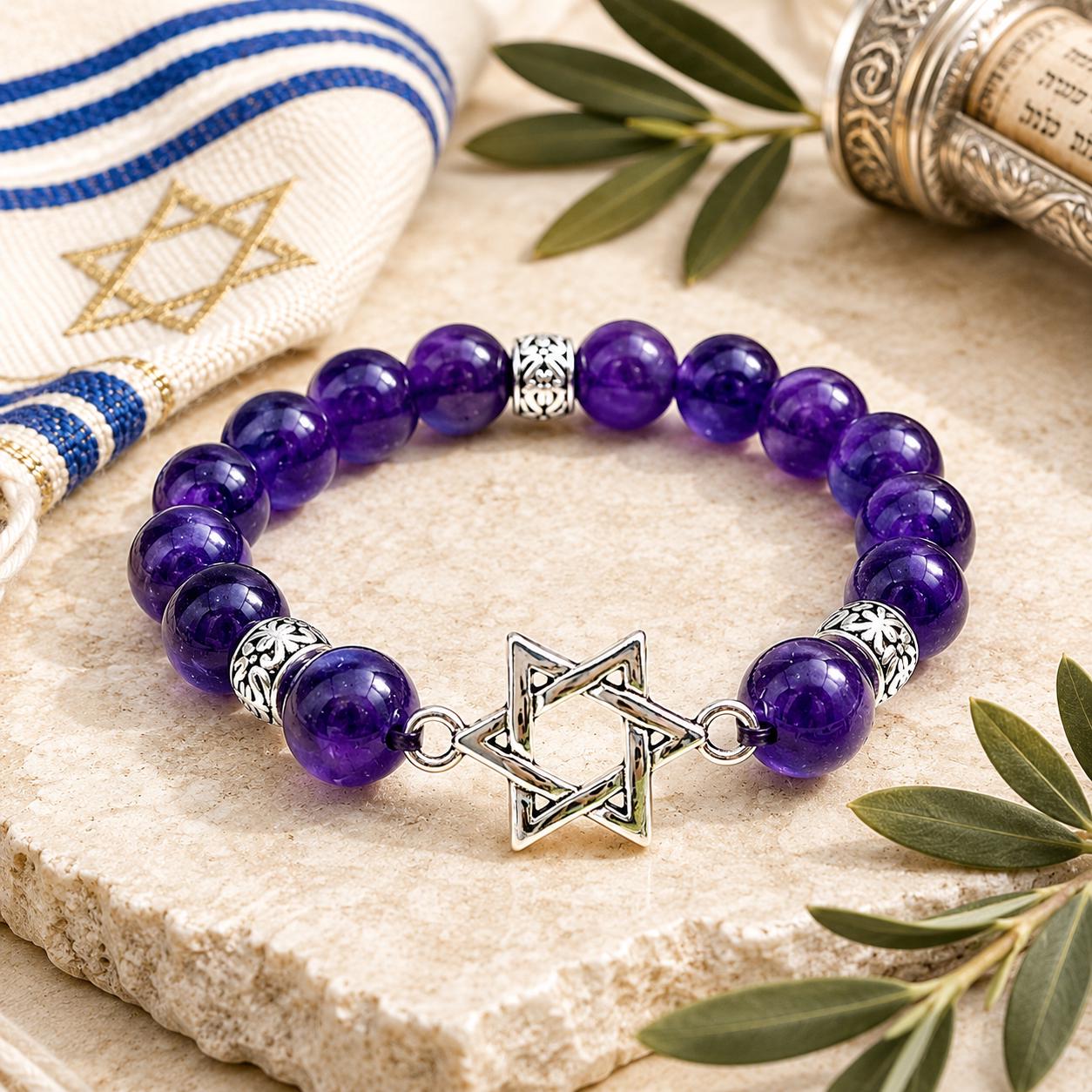 Handmade 10mm Amethyst & Silver Star of David Jewish Star Bracelet