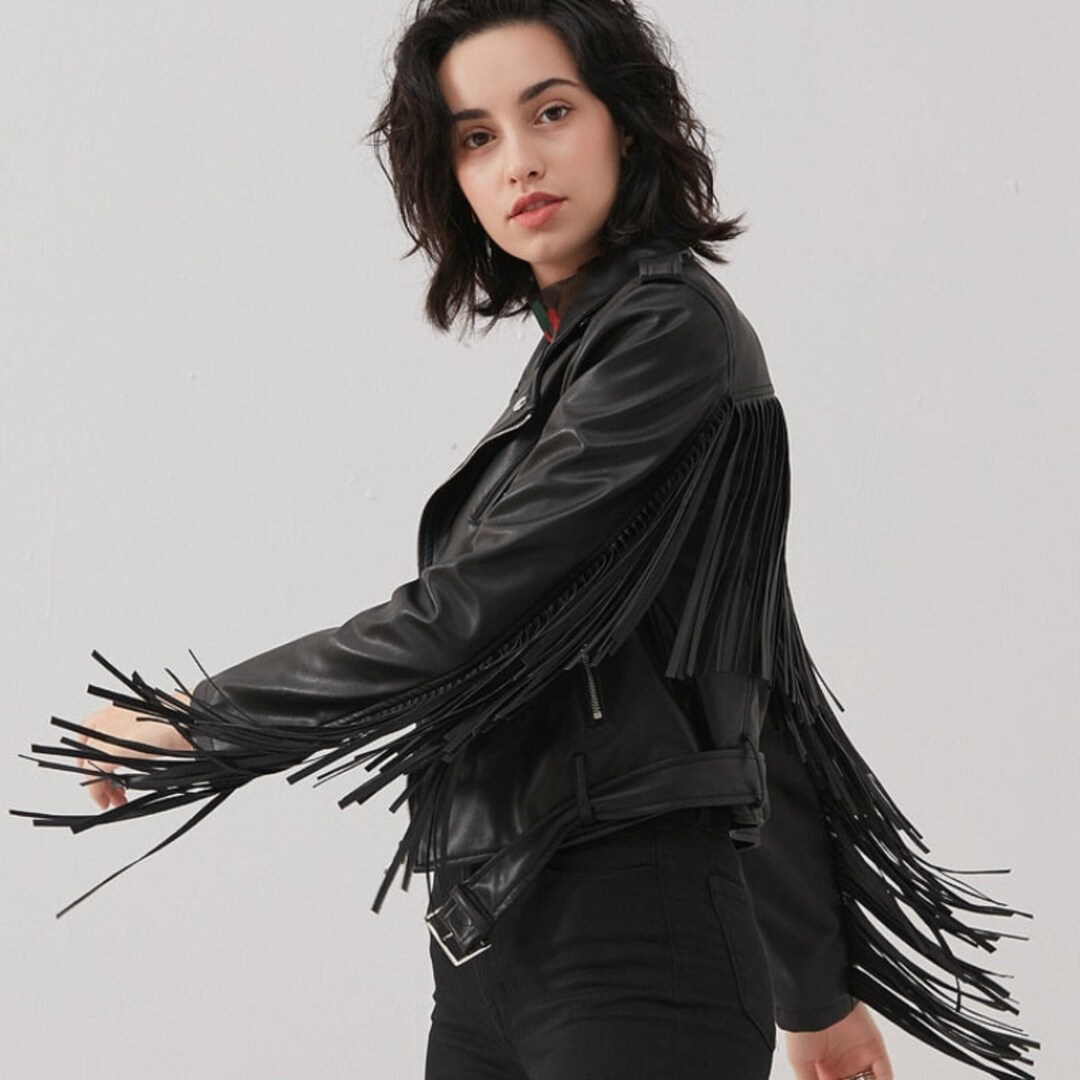 Fringed Faux Leather Jacket With Tassels in Black Etsy