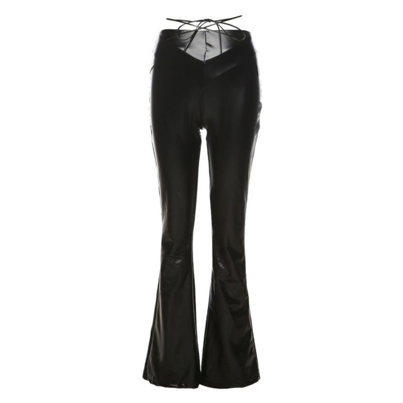 V-waist Faux Leather Flare Pants in Black - Etsy