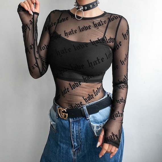 Gothic Long Sleeve Mesh Top in Black