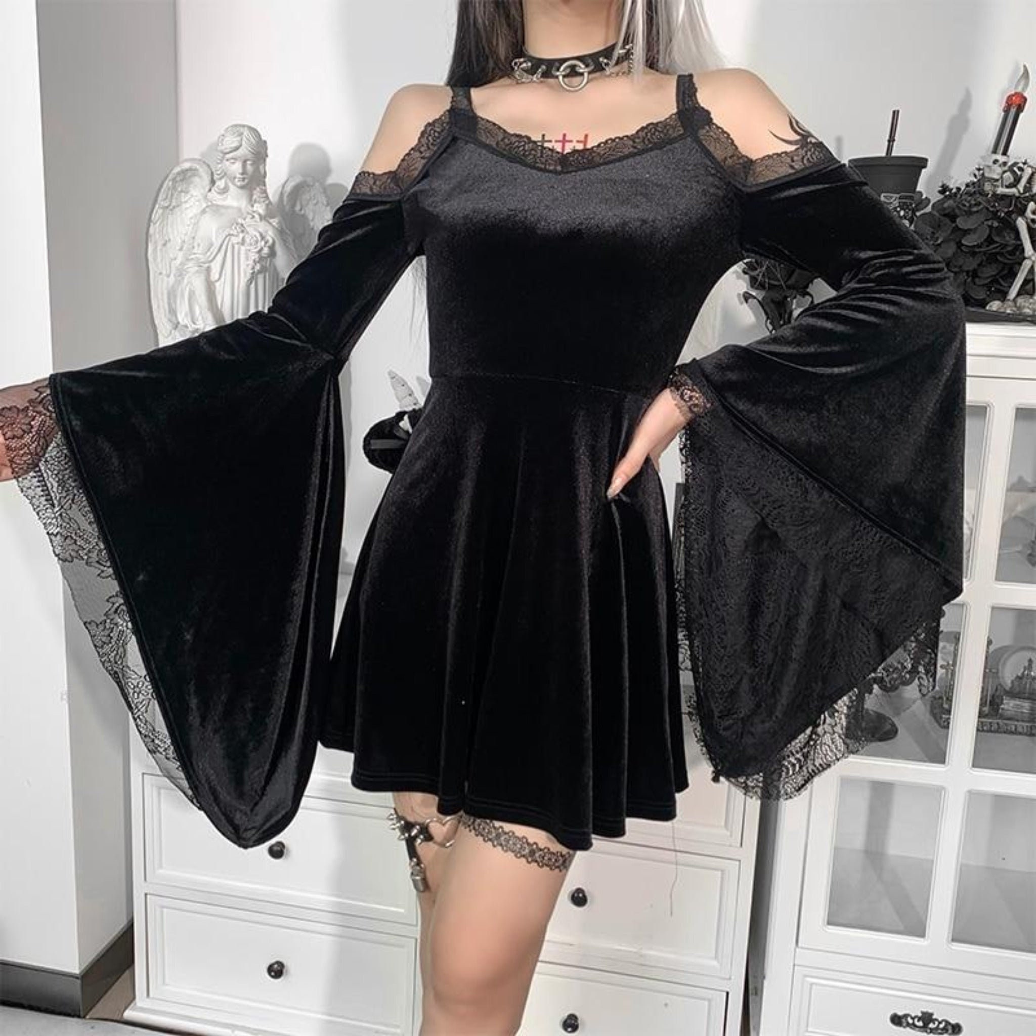 Gothic Velvet Lace Mini Dress With Long 