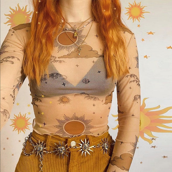 Day/Night Print Mesh Crop Top with Long Sleeve