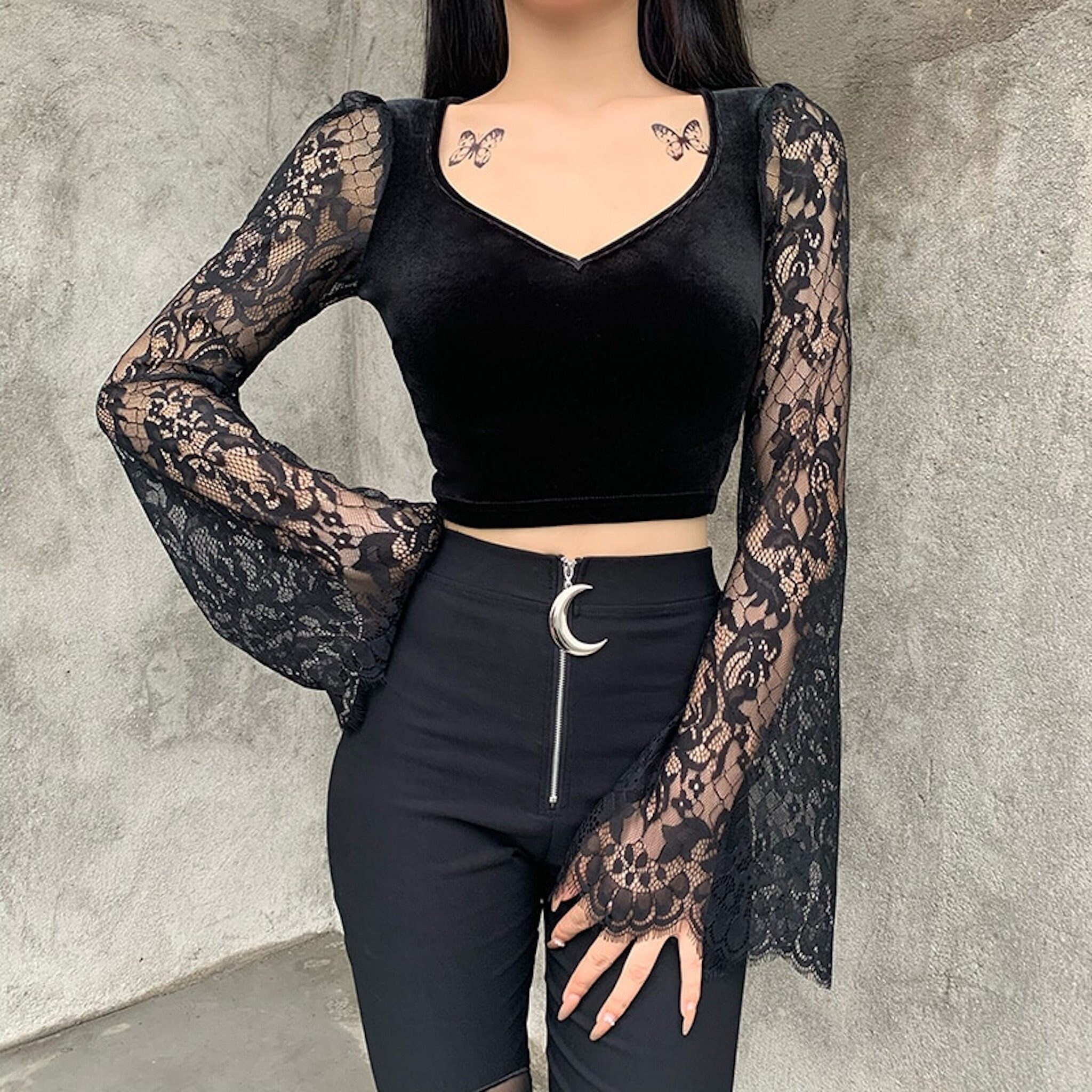 Velvet Lace Crop Top with Mesh Long Sleeve in Black - Etsy 日本