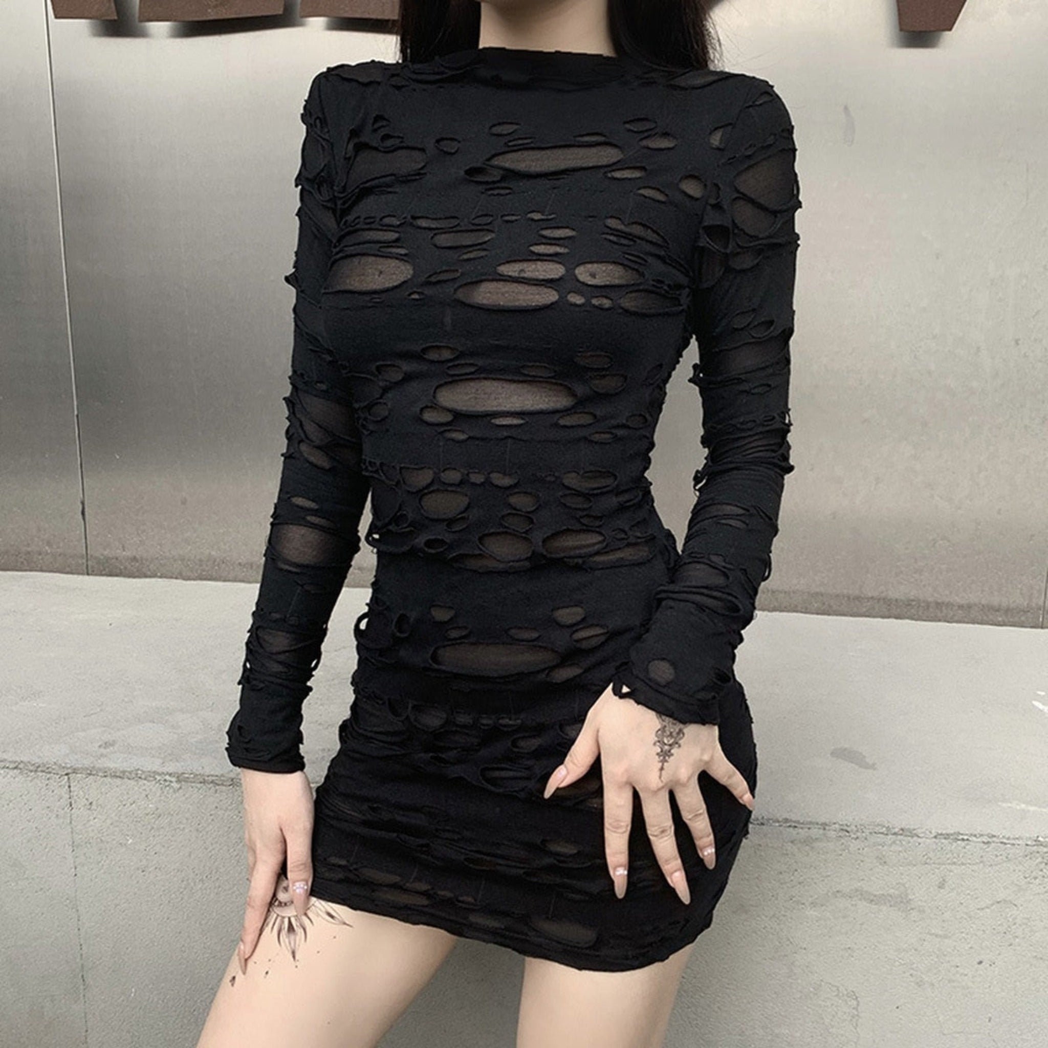 Gothic Distressed Mini Dress With Long Sleeve in Black - Etsy
