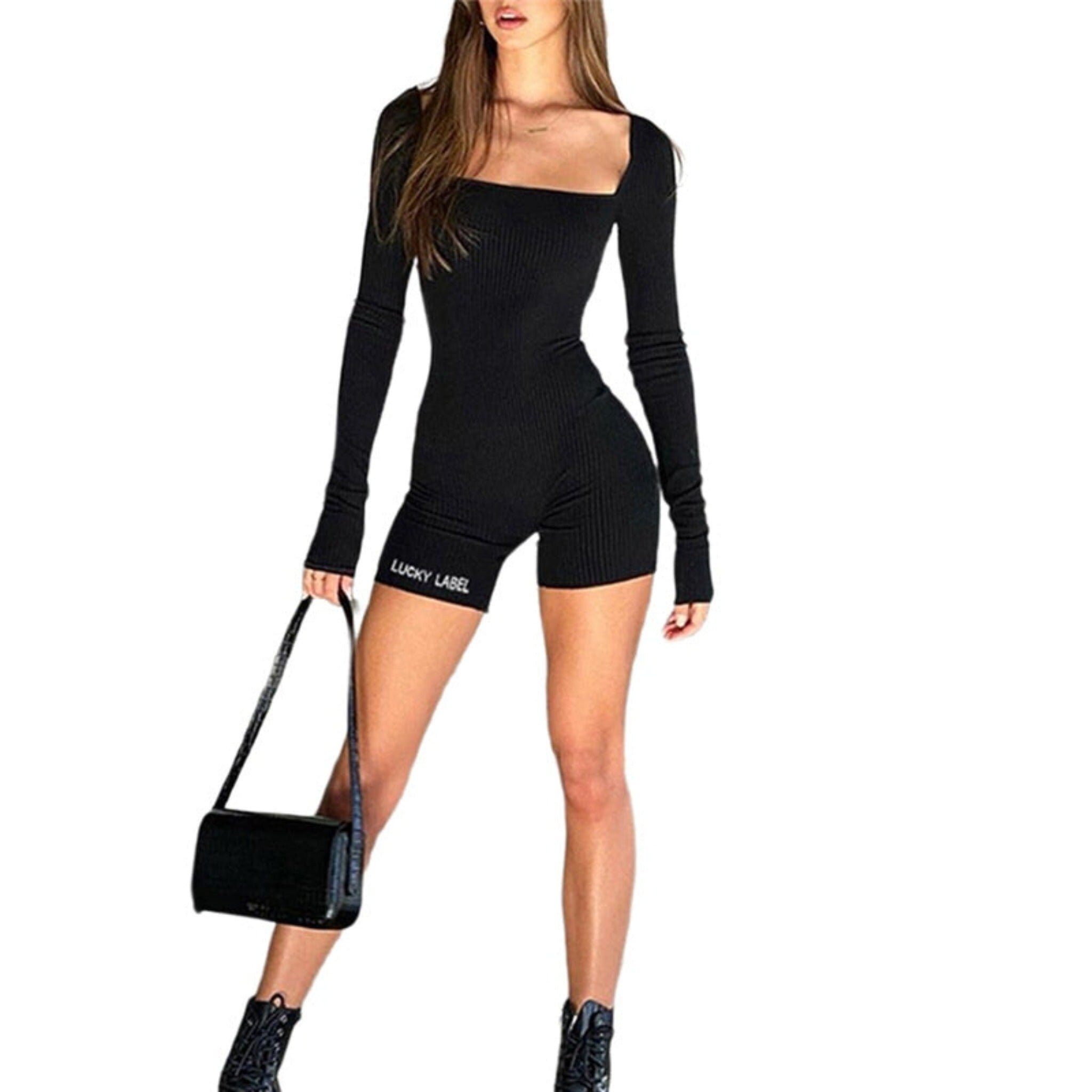 Square Collar Bodycon Romper With Long Sleeve in Black - Etsy