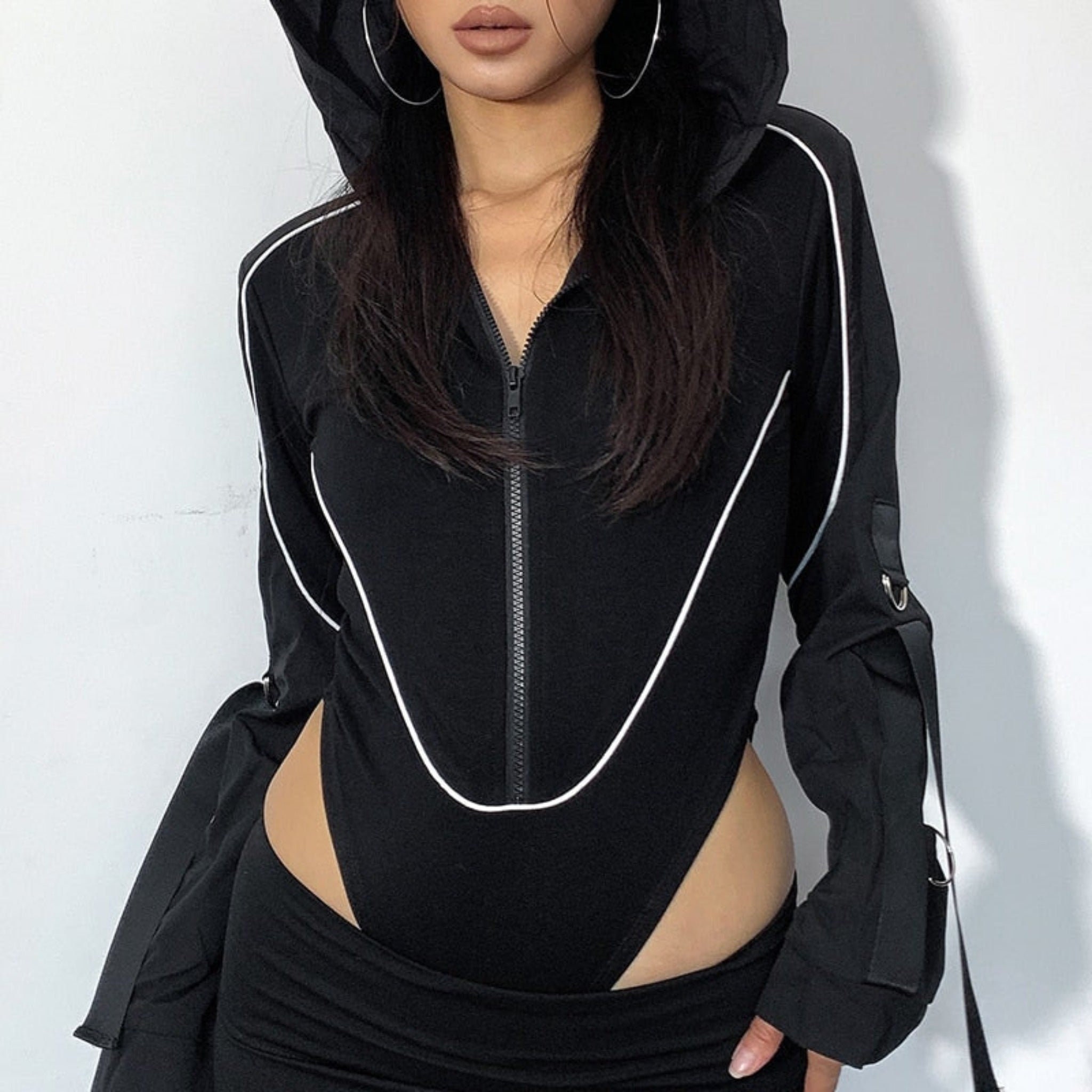 High Cut Zip up Hooded Bodysuit With Long Sleeve in Black - Etsy UK