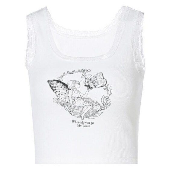 Fairy Print Y2K Tank Top With Lace Trim - Etsy