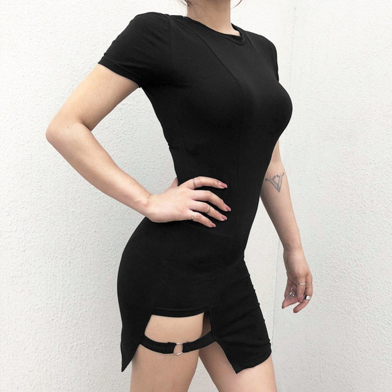 Bodycon short sleeve cotton mini dress with cutout detail in black