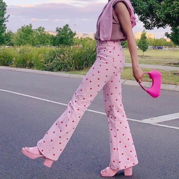 Heart Print High Waist Flare Pants in 