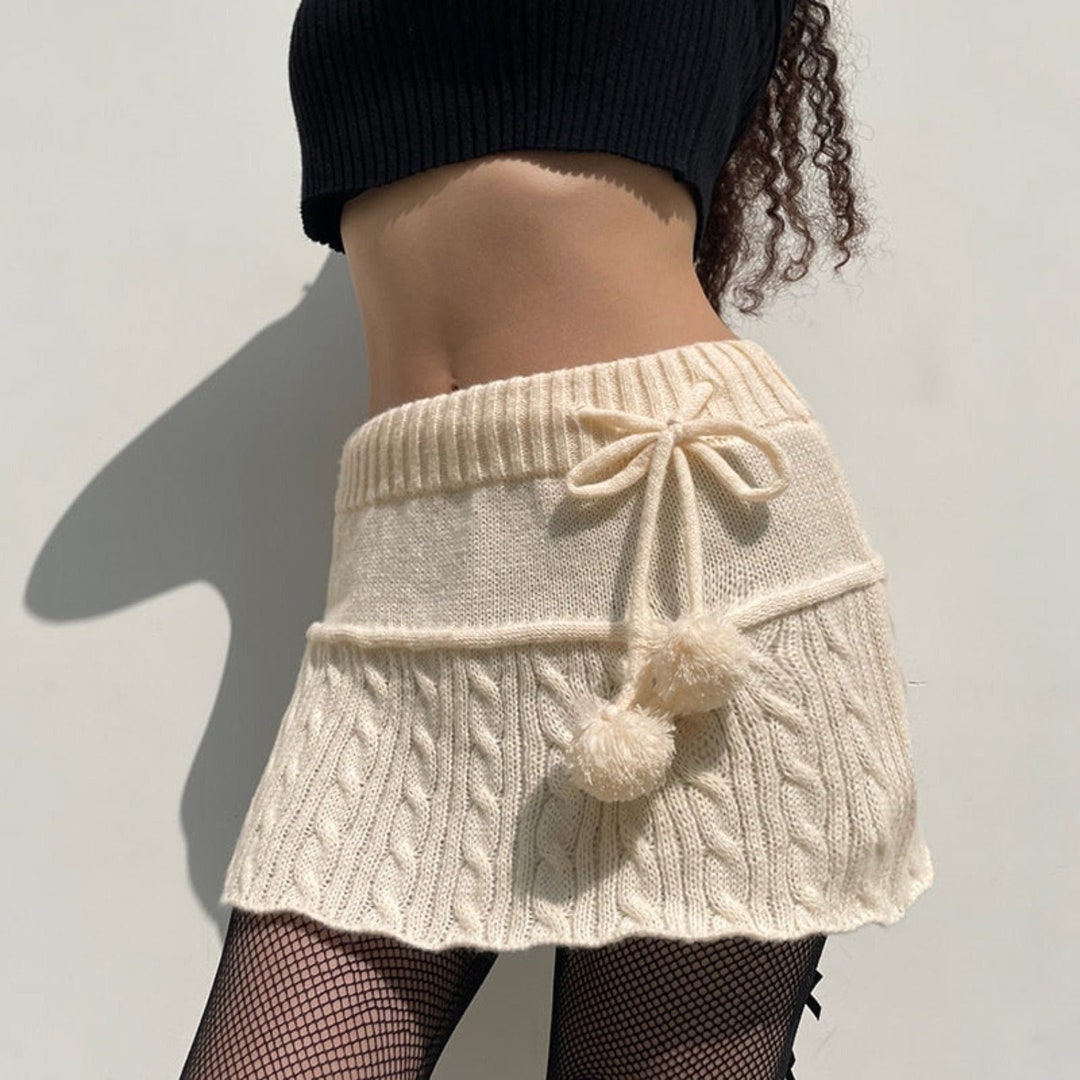 Y2K Knitted Low Waist Short Skirt in White - Etsy