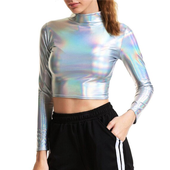 Long Sleeve Crop Top and Flare Skirt in Holographic Silver | Etsy