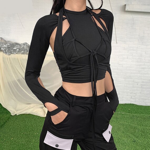 Gothic Hollow Out Two-Piece Crop Top with Bandage Ties in Black
