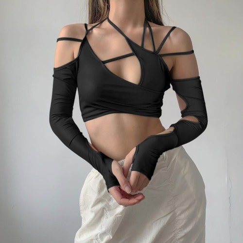 Cut Out Long Sleeve Crop Top in Gray - Etsy UK