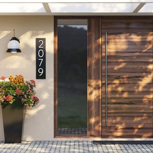 Pu&ograve; includere: Una casa moderna con una porta in legno e una targa con il numero civico nero con numeri bianchi che indicano "2079".